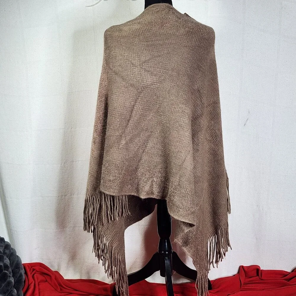 Unbranded Womens Dark Tan with Gold Metallic Trim Acrylic Sweater Poncho OSFM - Picture 10 of 16